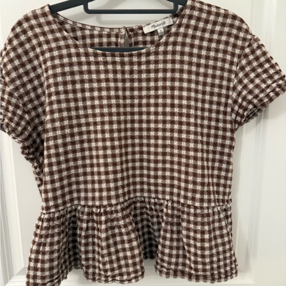 Madewell Plaid Peplum Top - Brown and White size M